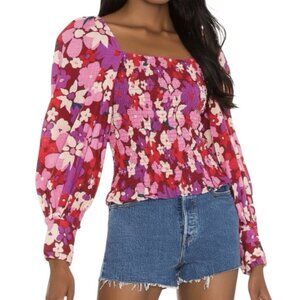 Free People Ariana Smocked Floral Top M Pink Red Balloon Sleeve Cottagecore